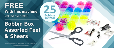 Bonus assorted feet, bobbins & Janome dressmaking shears